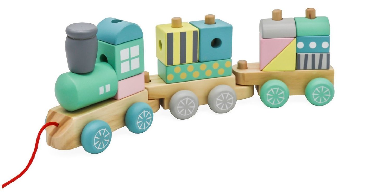 Colorful train with locomotive and wooden blocks.