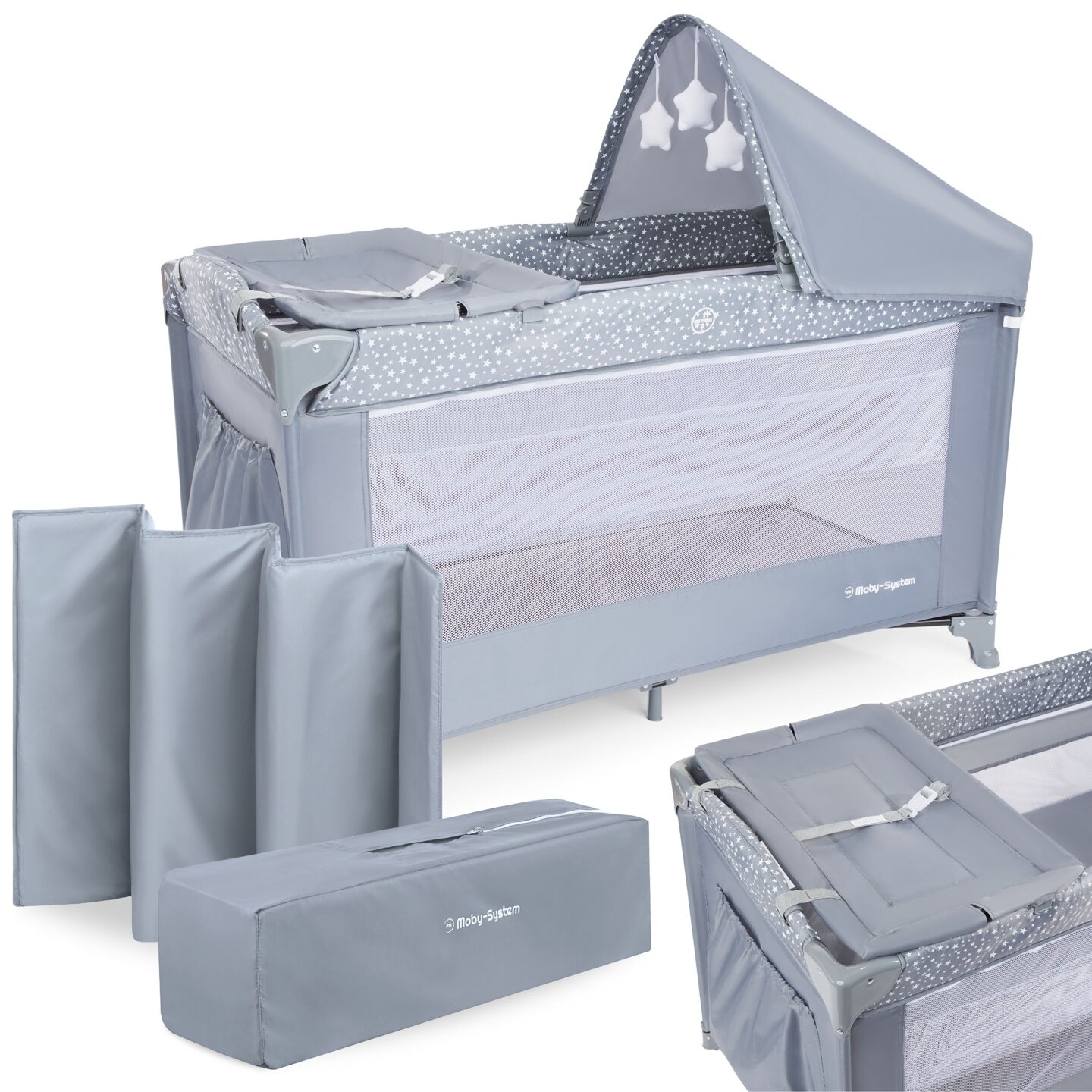 Travel cot / playpen 2 levels with changing table, roof and Happy Traveler BASIC PLUS mattress - gray